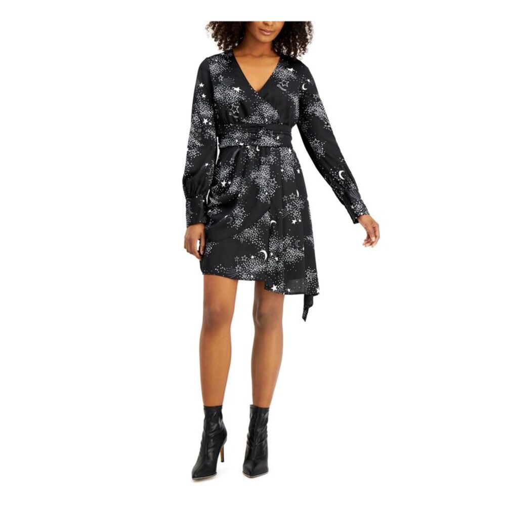 BAR III Womens Black Moon And Stars Long Sleeve Short Party Faux Wrap Dress 6